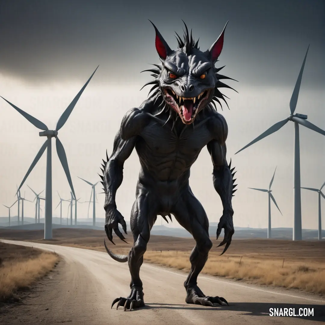 Monster is standing on a road with windmills in the background and a road leading to it with a demon like Chupacabra on it