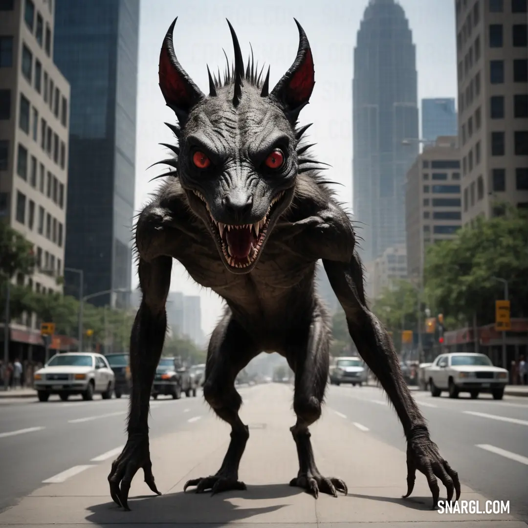 Monster like Chupacabra is standing on the side of a road in a city with tall buildings in the background