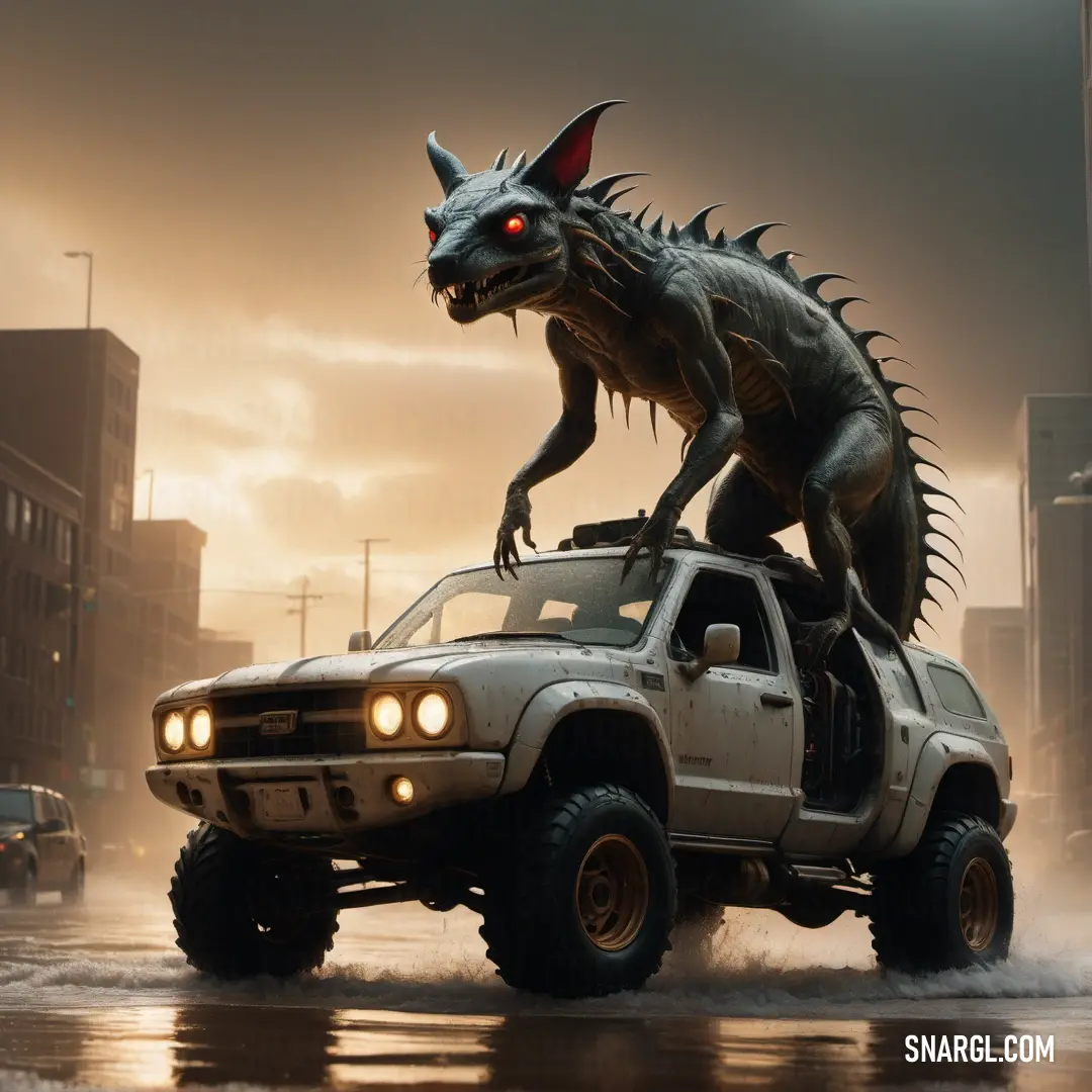 Monster like Chupacabra is riding on the back of a truck in a city street at sunset or dawn