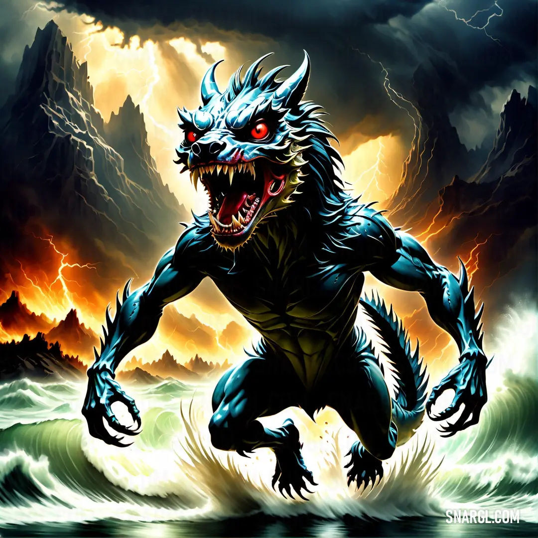 Chupacabra with a huge mouth and sharp teeth running through the water with a lightning background in the sky