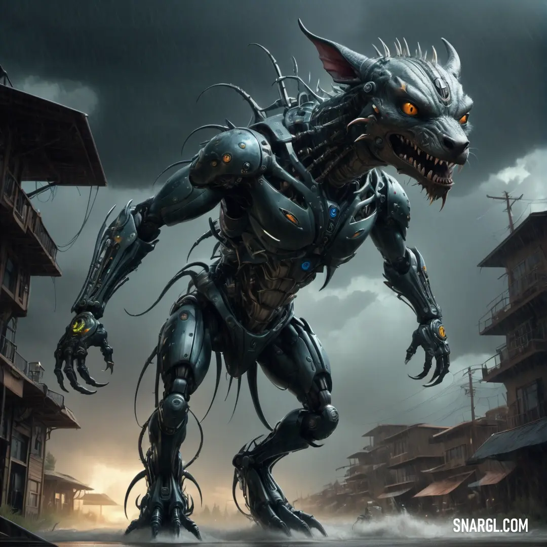 Robot Chupacabra with a large grin of teeth and claws on its face and body