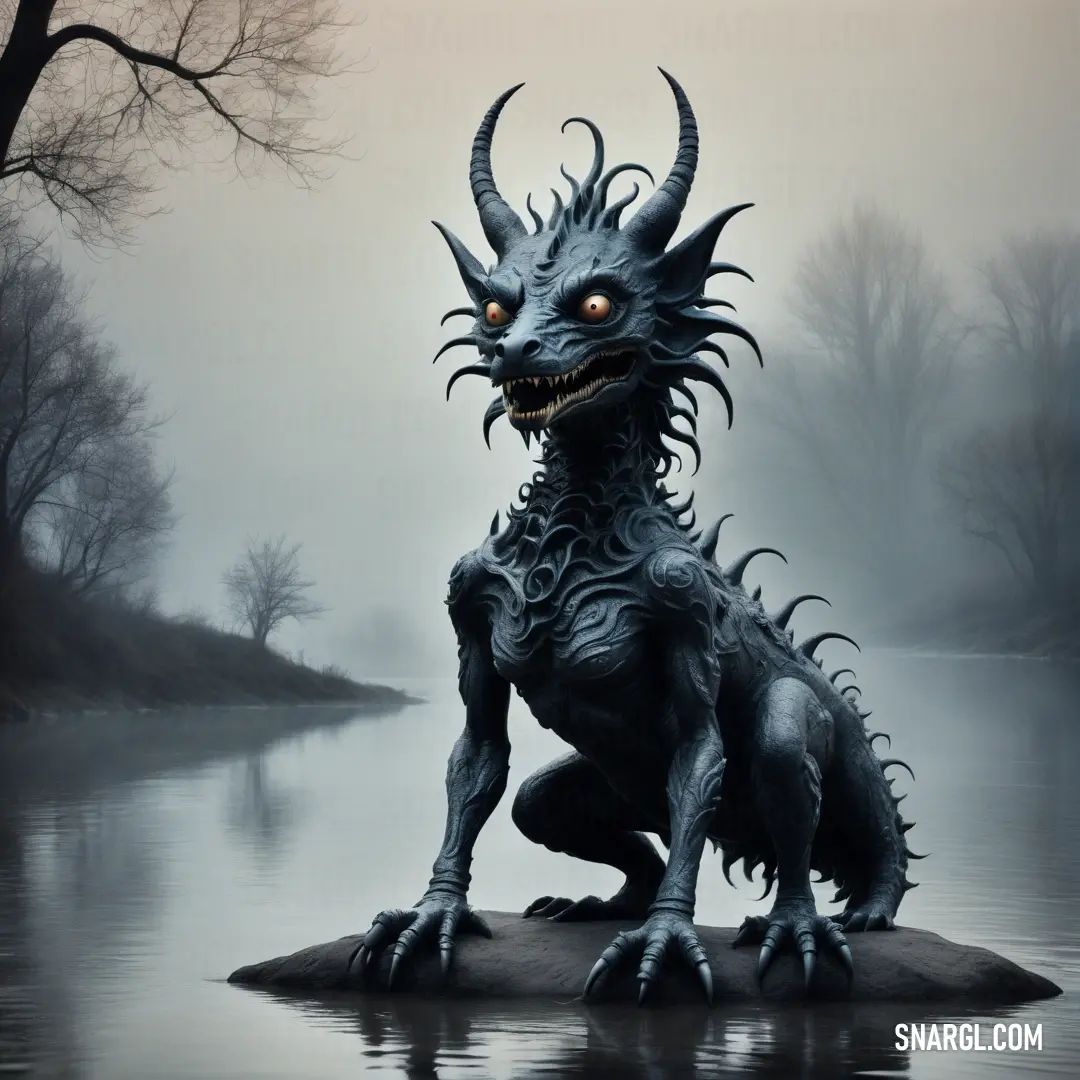 Statue of a Chupacabra on a rock in the water with trees in the background and foggy sky