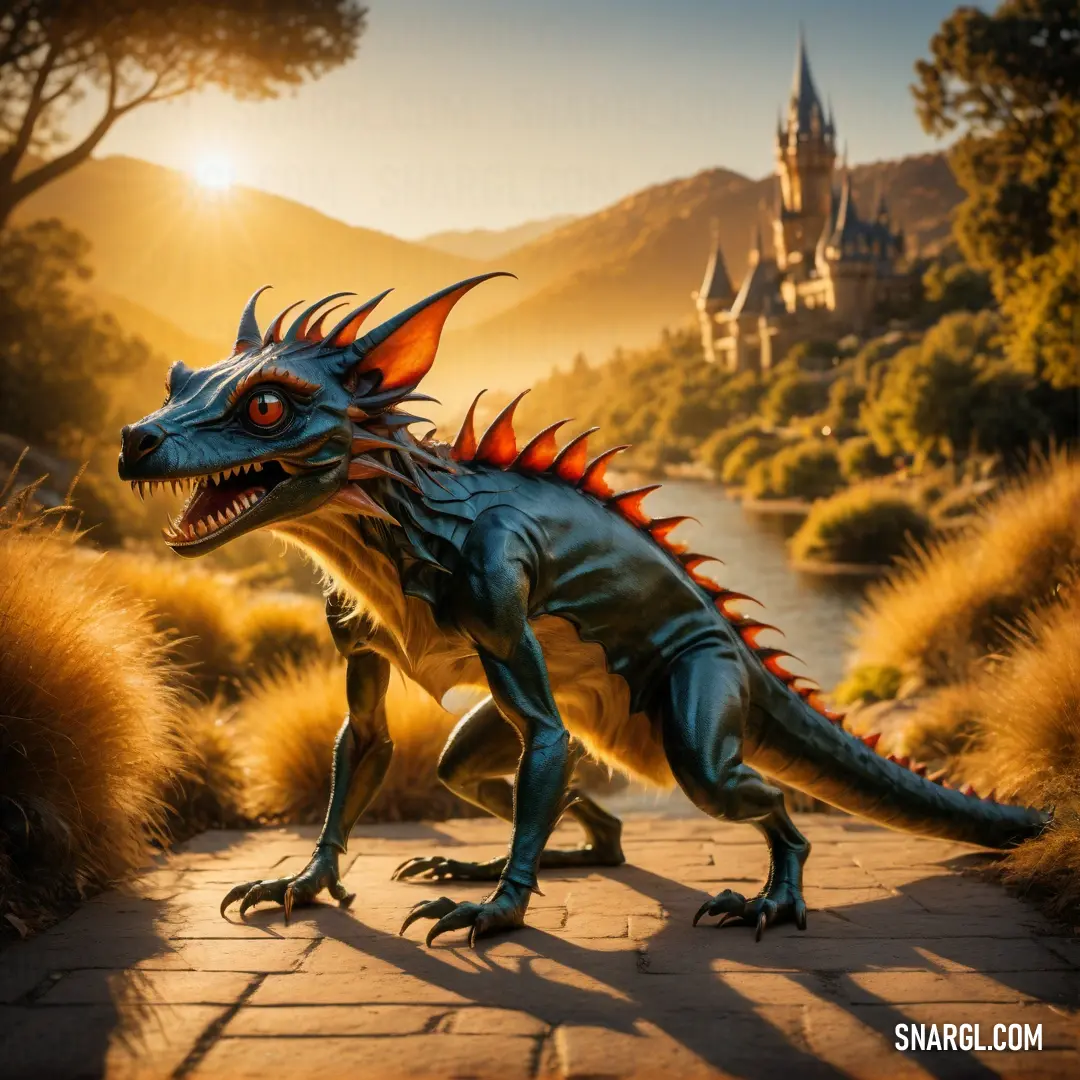 Toy Chupacabra is standing on a brick path near a castle and a river at sunset or sunrise time