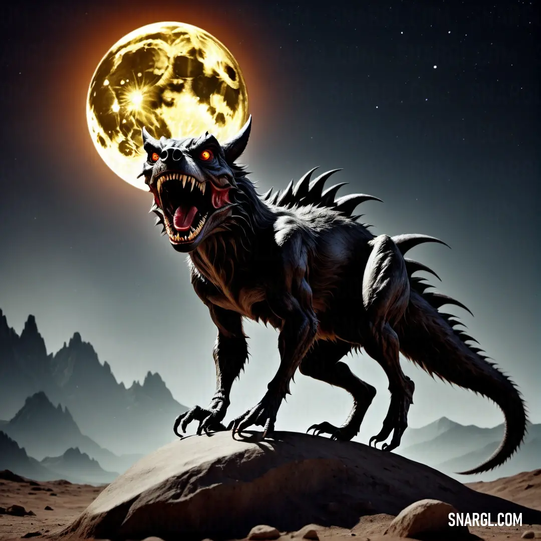 Wolf with a full moon in the background is standing on a rock and looking at the viewer with a sharp grin