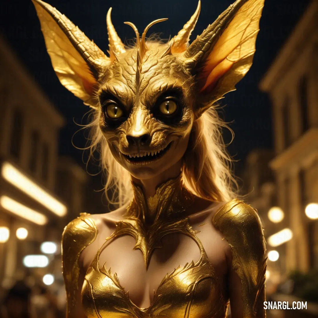 Chupacabra dressed in a gold outfit with a demon mask on her head