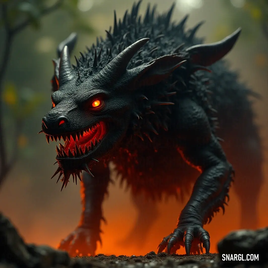 A sinister creature with glowing eyes revealing its threatening presence in the darkness. A menacing creature with ominous glowing eyes and menacing sharp teeth lurks in the shadows, its sinister presence highlighting danger and intrigue, as it prepares to reveal its true power within the depths of the darkened landscape.