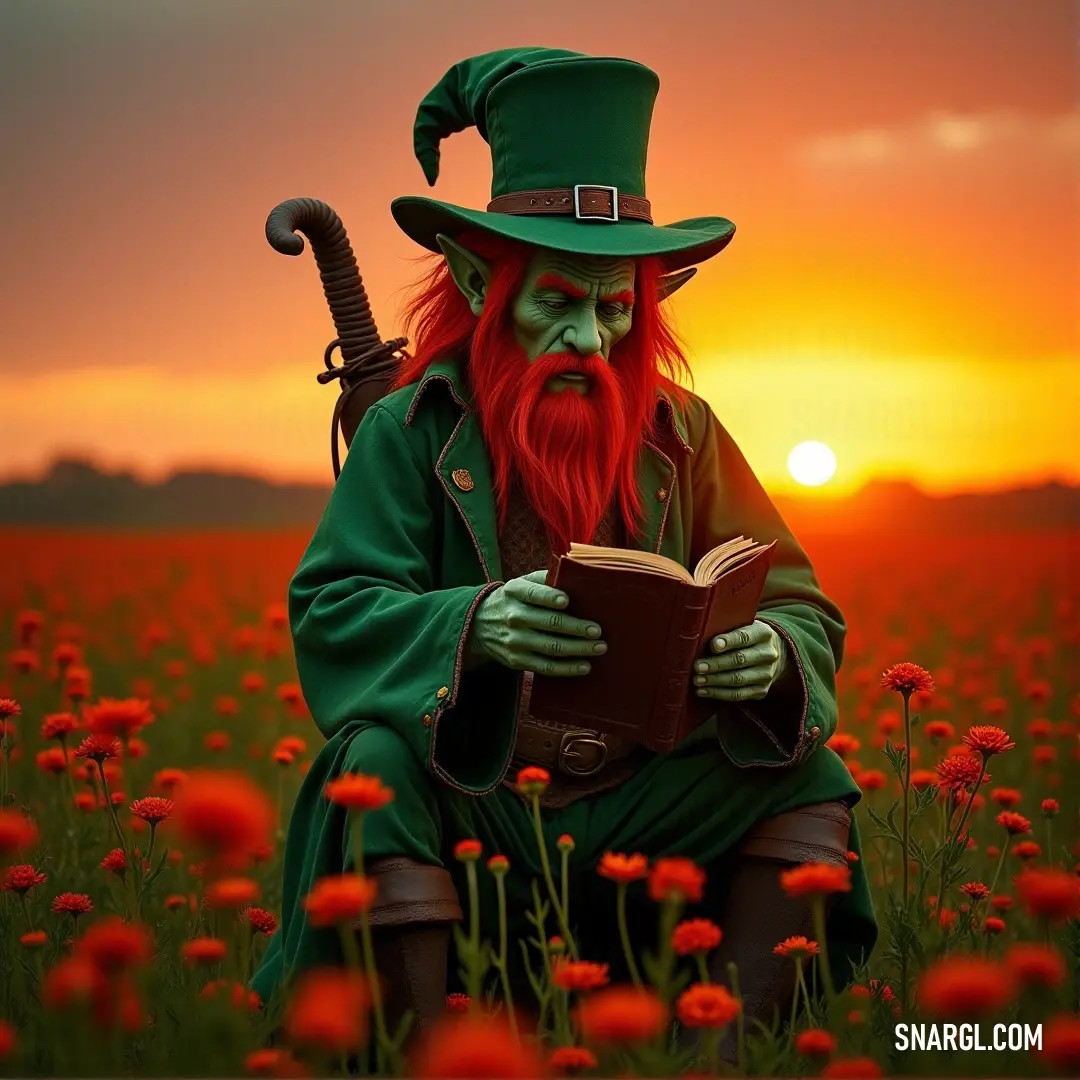 A man reading a book in a flower-filled field at sunset, bathed in golden light A man with a red beard, wearing a green hat and coat, reads a book in a field of blooming flowers at sunset. The golden light of the setting sun casts a magical glow, creating an atmosphere of peace and reflection as the day fades into night.