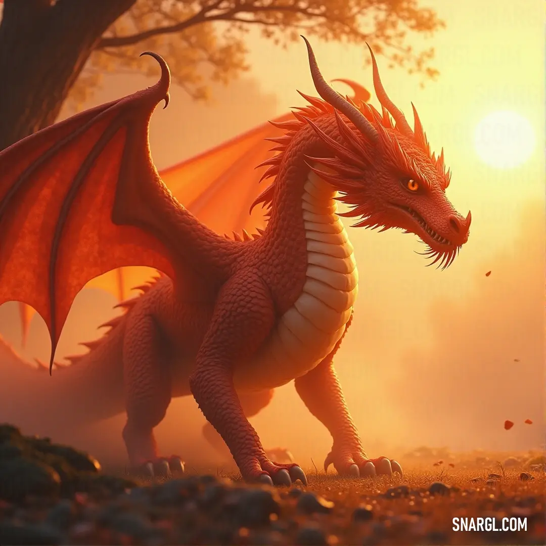 Cinder stands in a peaceful meadow at sunset, the fiery glow of the sun highlighting its form against a backdrop of rocks and a solitary tree. A majestic red figure, known as Cinder, stands in a vibrant green field, bathed in the warm glow of the setting sun. Towering rocks and a lone tree surround the figure as the sun casts a golden halo around it, creating an awe-inspiring and tranquil scene.