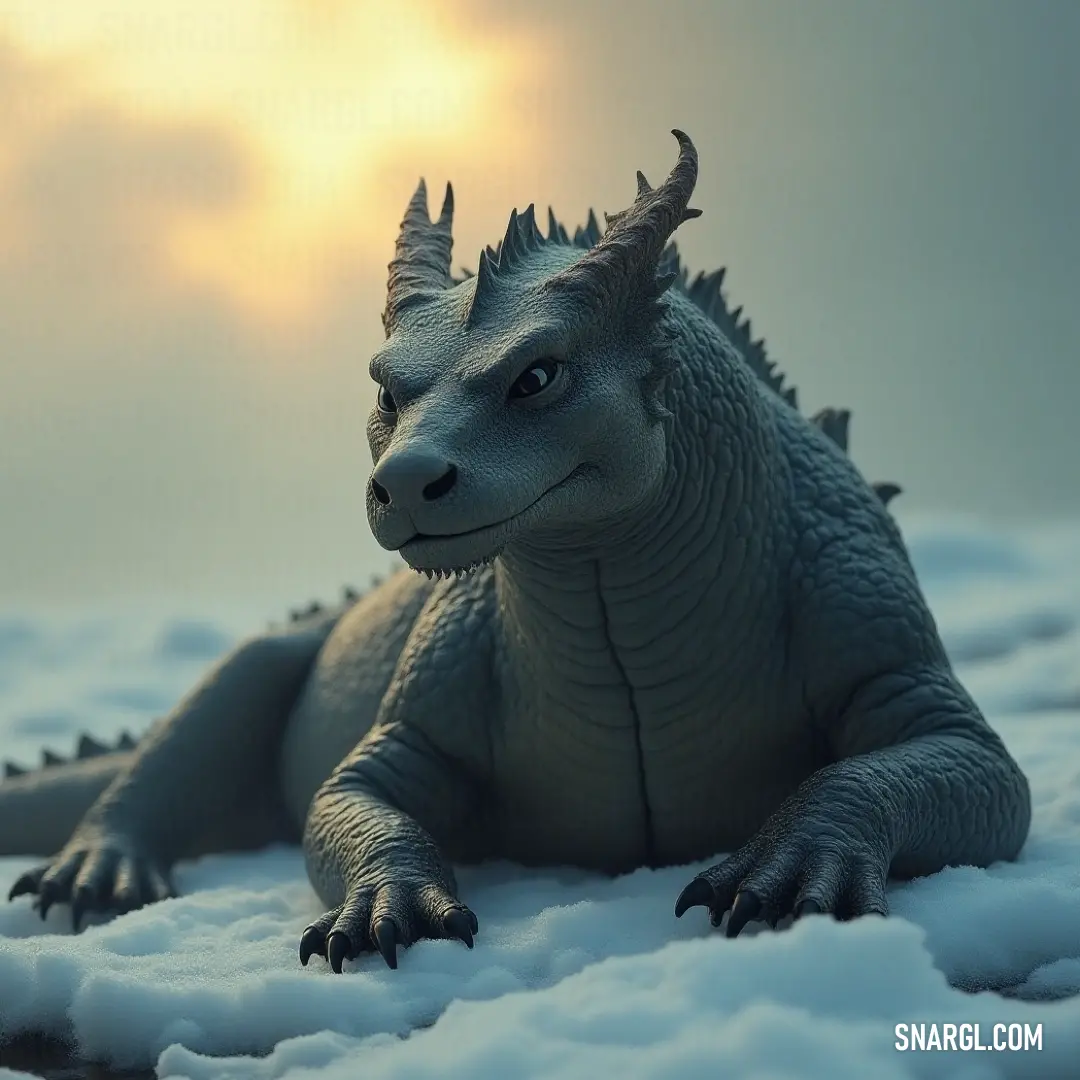 A toy Godzilla stands in the snow, its towering figure casting a shadow against the bright winter sun. The figure’s presence is imposing, even in the serene winter landscape, blending the calm with the chaos of the monster’s might.