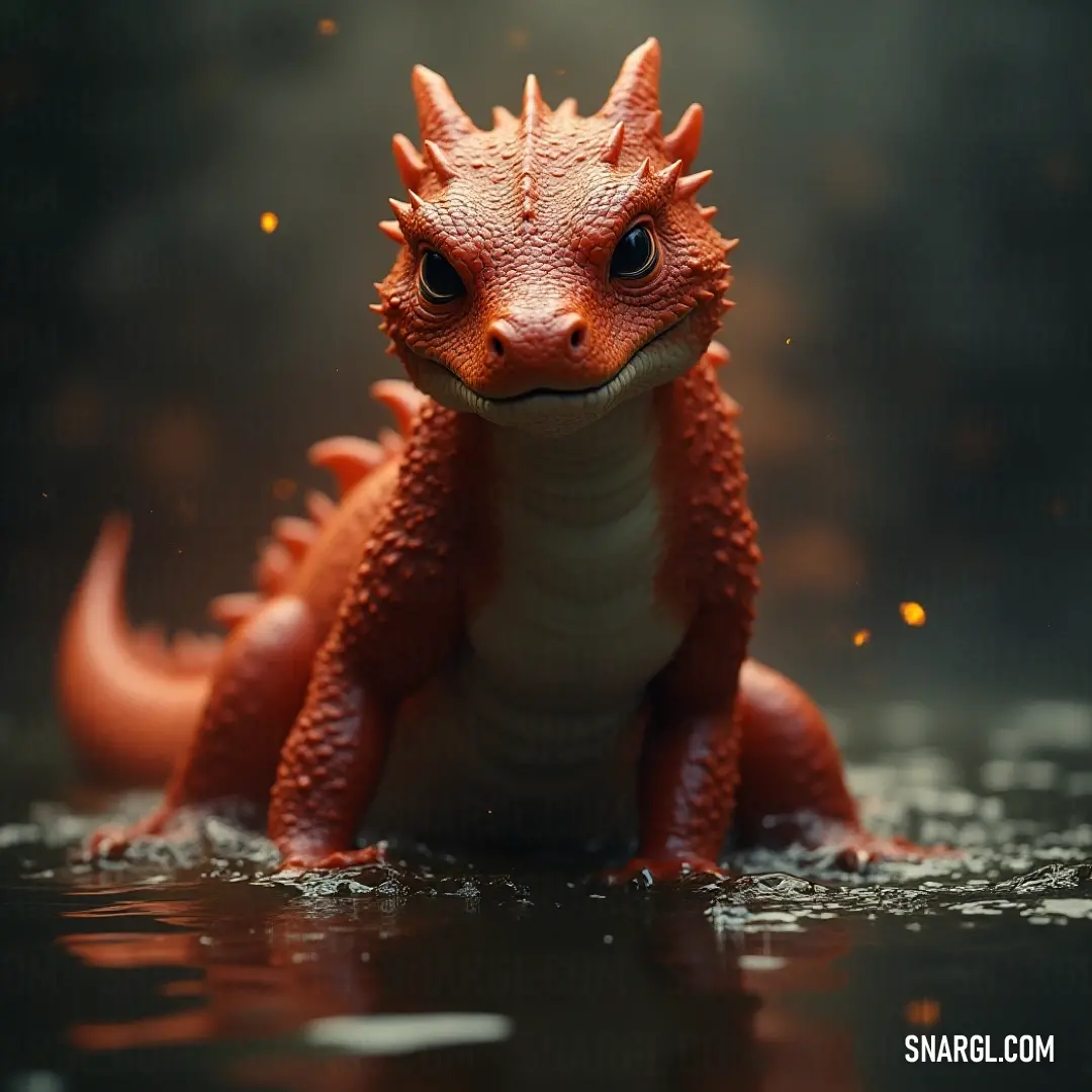 The playful Toy Cinder Serpent swims in tranquil waters, its eyes sparkling with joy as it graces the scene with its enchanting smile, set against a mysterious dark background. A delightful Toy Cinder Serpent, glimmering in the water with its cheerful smile and bright eyes, floats gracefully against a dark backdrop, exuding charm and playfulness.