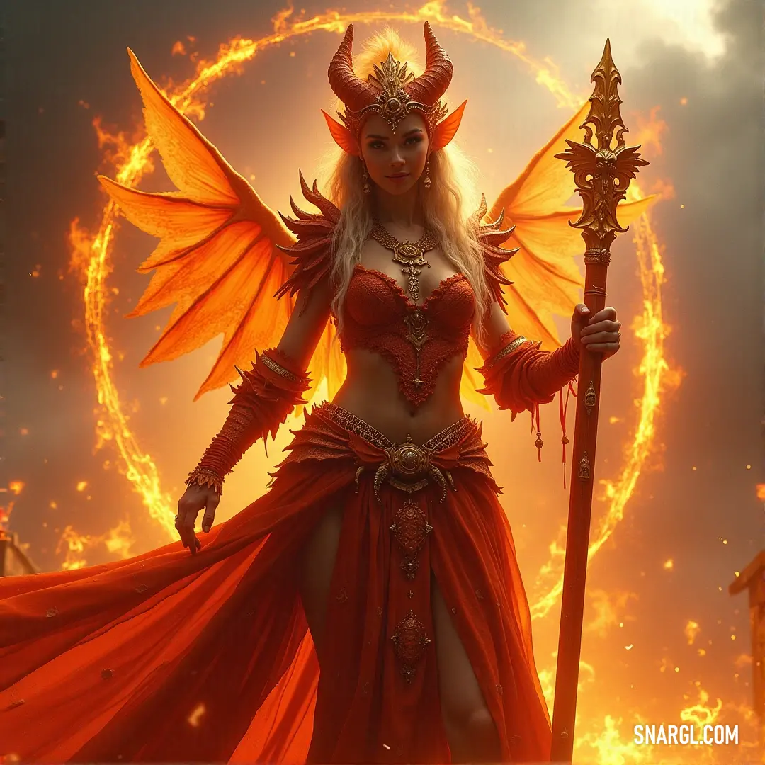 A Cinder Titan in red grips a staff and conjures a fireball, its surroundings ignited in flames that intensify the atmosphere of power and destruction. A fiery Cinder Titan dressed in red wields a staff, surrounded by an inferno. The burning flames illuminate the scene, creating a dramatic atmosphere as the Titan channels its fiery power.