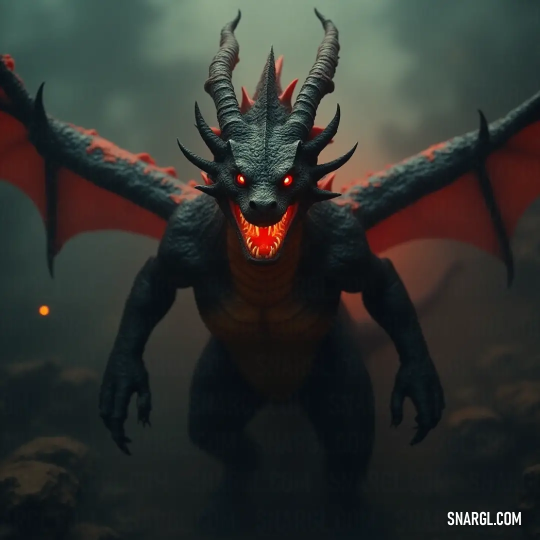 A demonic Cinder Wyrm with glowing red eyes and fiery head stands in a fog-filled, eerie landscape. A demonic Cinder Wyrm with glowing eyes and a fiery red head stands in a foggy, dark landscape. Its imposing figure radiates an unsettling aura, dominating the mysterious, mist-filled surroundings.