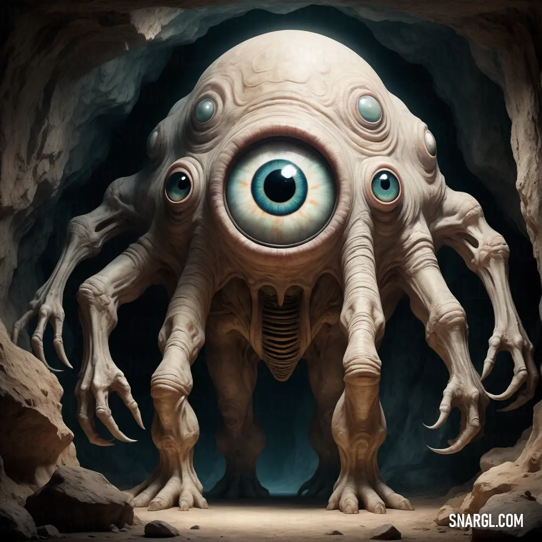 Giant creature with a huge eye in a cave with rocks and dirt on the ground