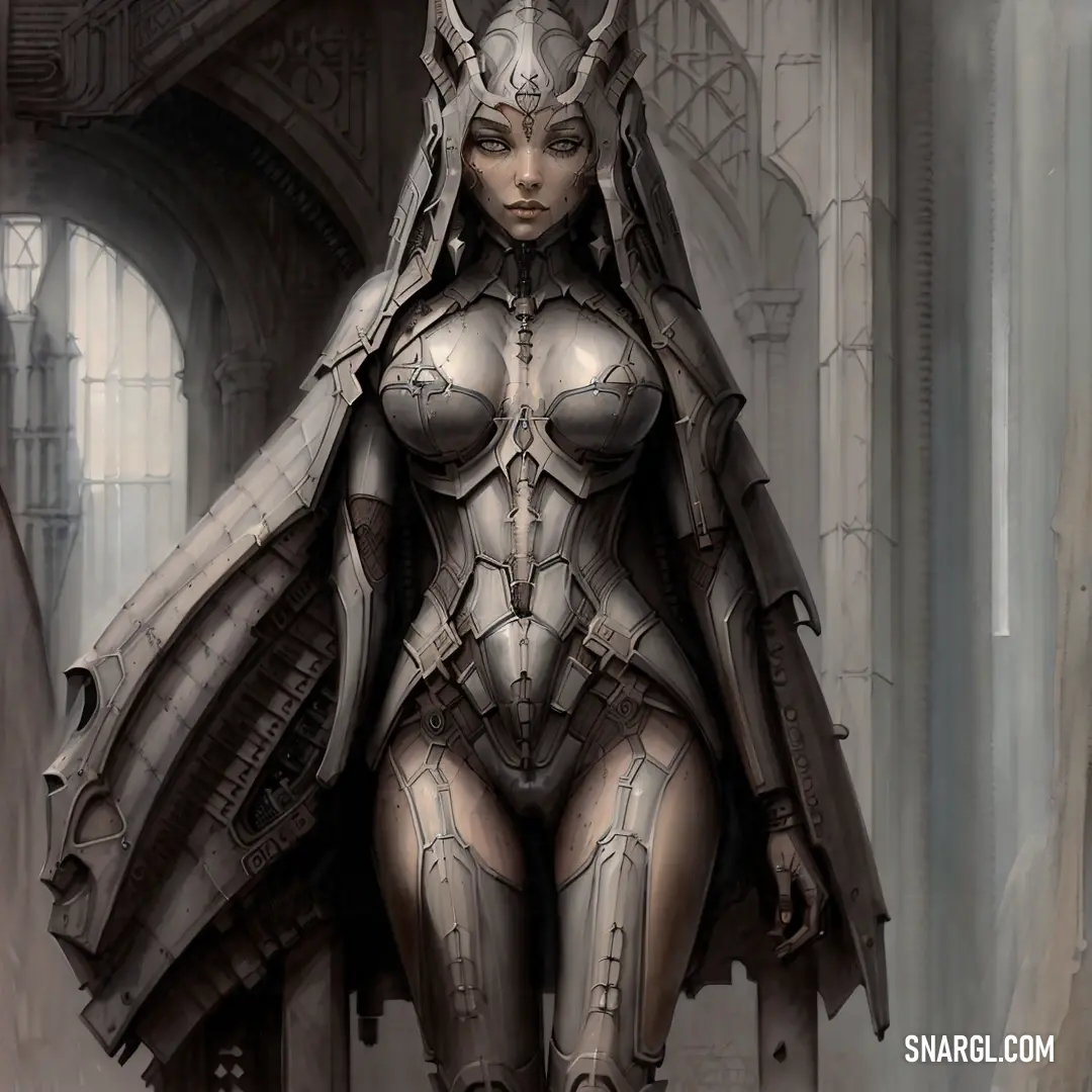 Woman in a futuristic suit with horns and a hood on her head