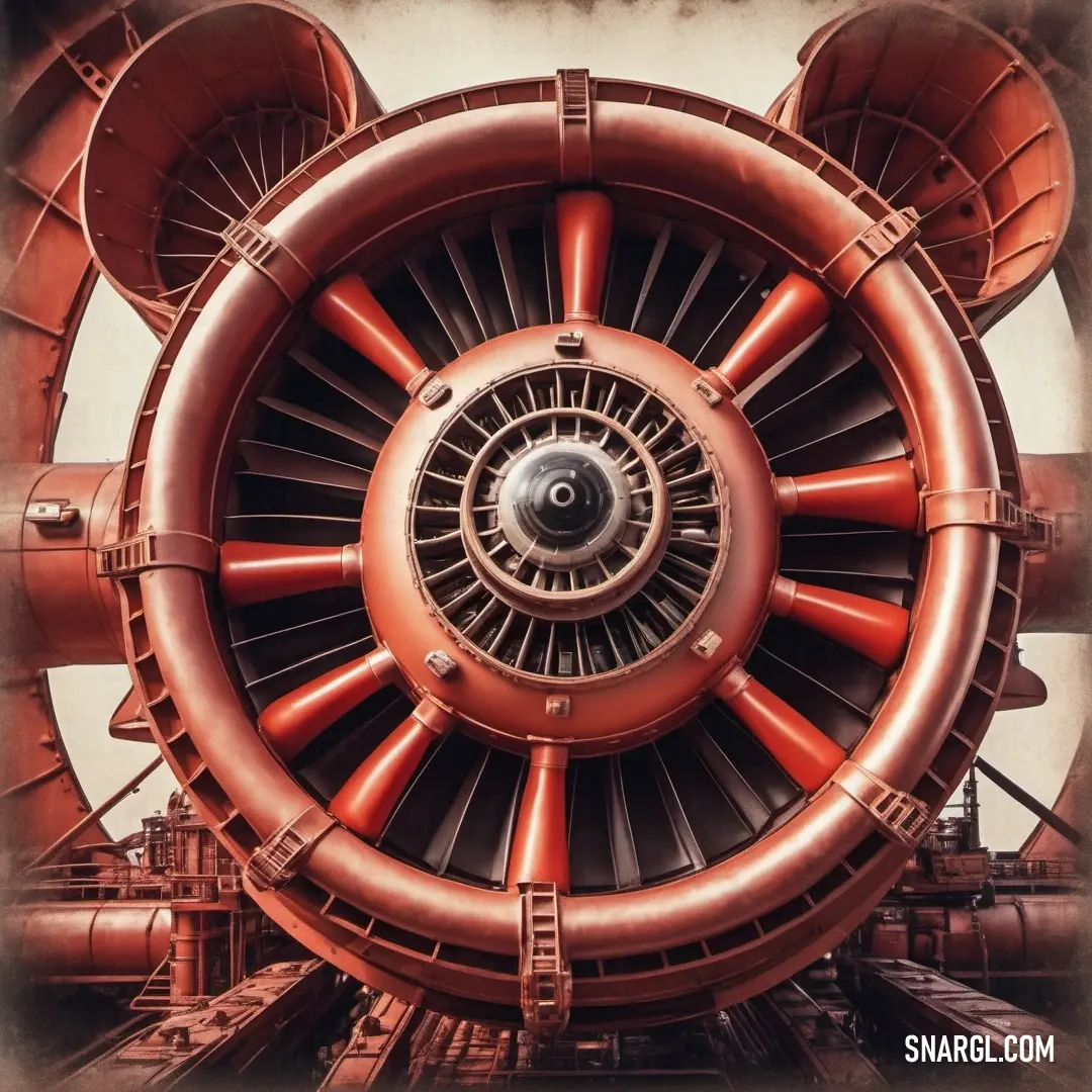 Large jet engine inside of a building next to a wall of pipes. Example of Cinnabar color.