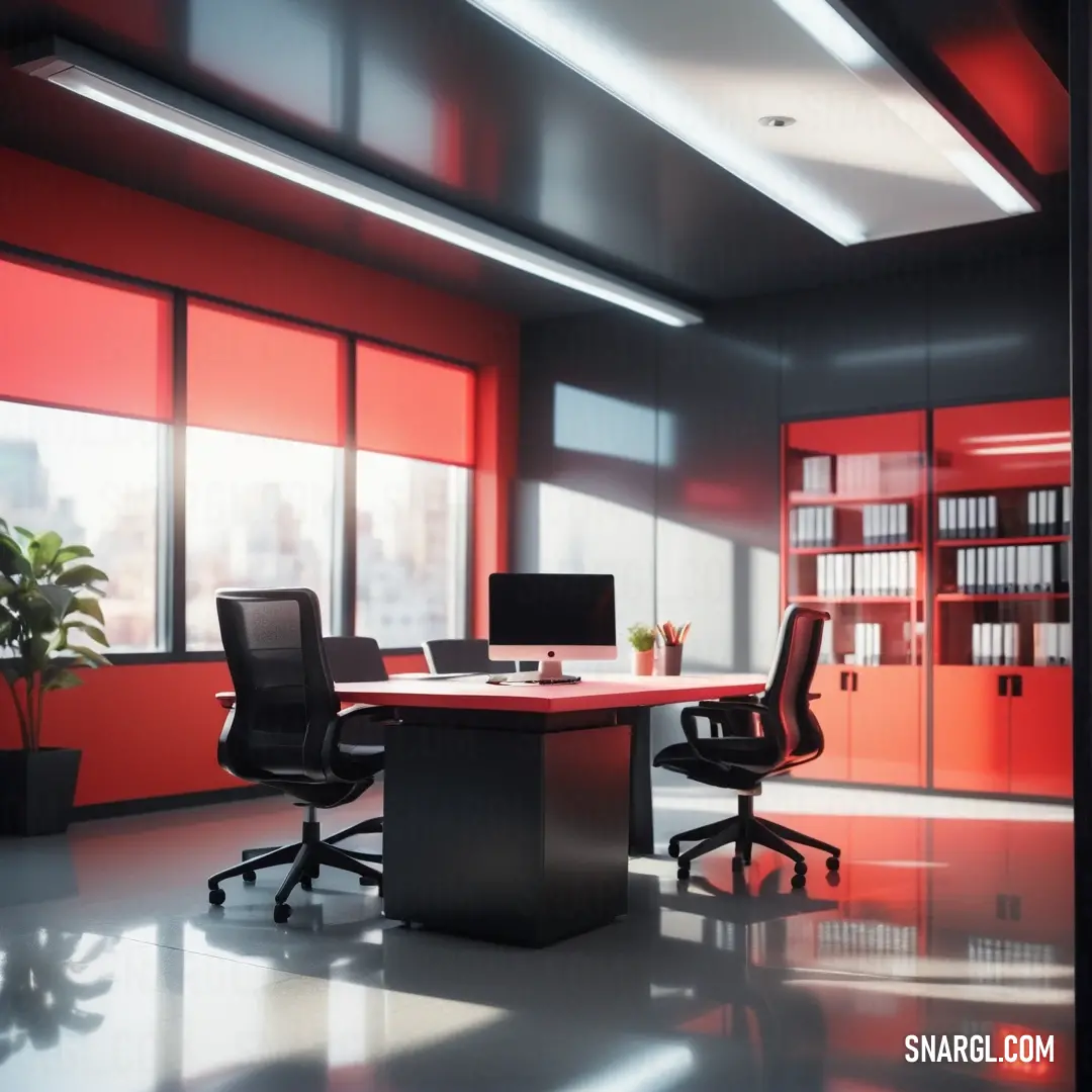 Room with a desk and a chair and a laptop on it and a bookcase in the background. Color Cinnabar.