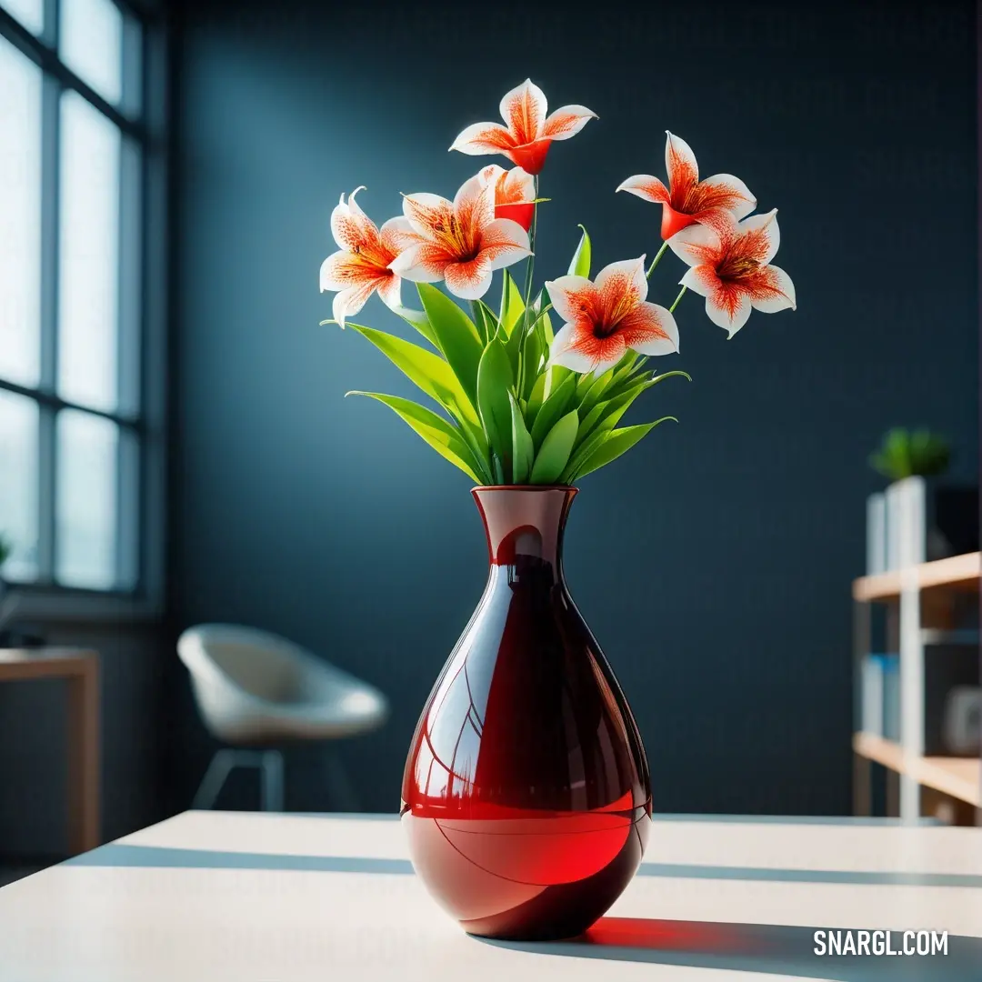 Vase with flowers in it on a table in a room with a window and a chair in the background. Example of Cinnabar color.