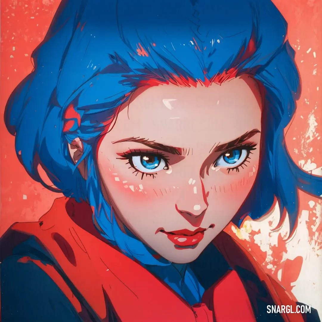 Close up of a person with blue hair and blue eyes and a red jacket