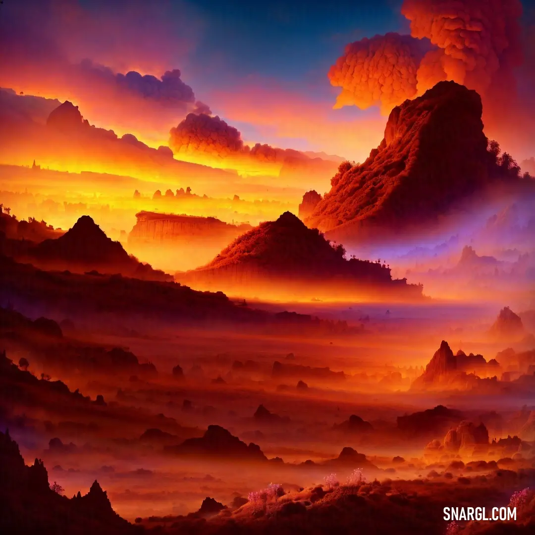 Painting of a mountain range with a sunset in the background and clouds in the sky above it