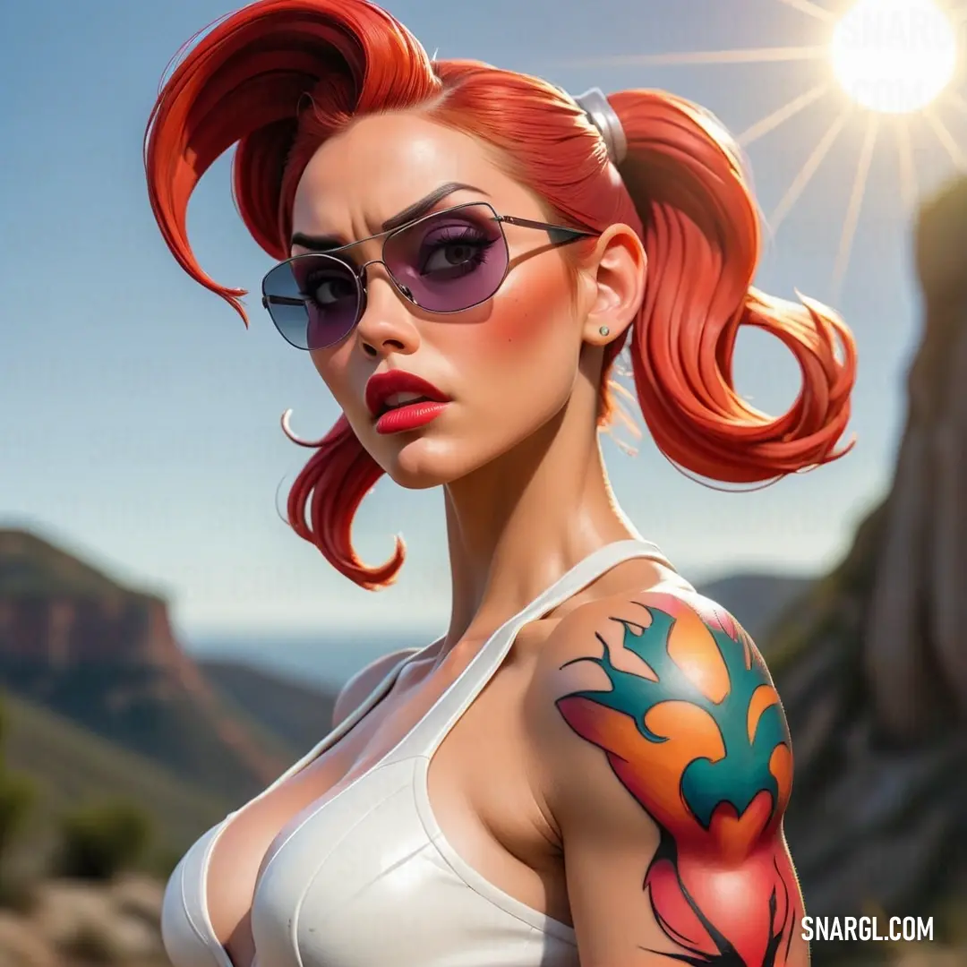 Woman with red hair and sunglasses on her shoulder and arm with a tattoo on her arm and a mountain in the background