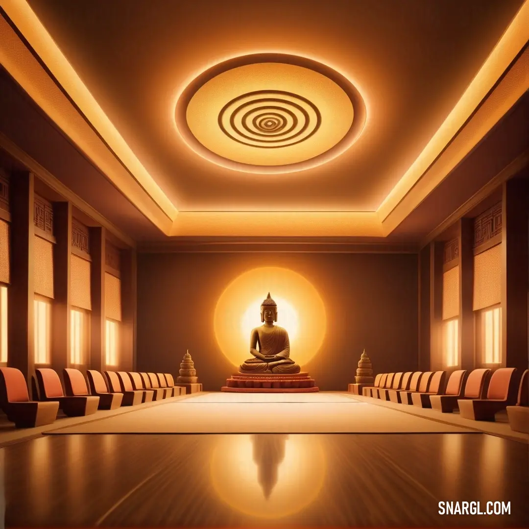 Buddha statue in a room with a lot of chairs around it and a light on the ceiling. Color #D2691E.