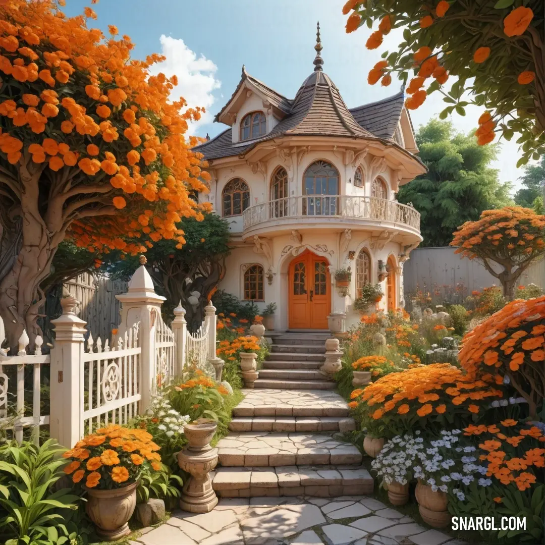 House with a white fence and orange flowers in front of it. Color Cinnamon.