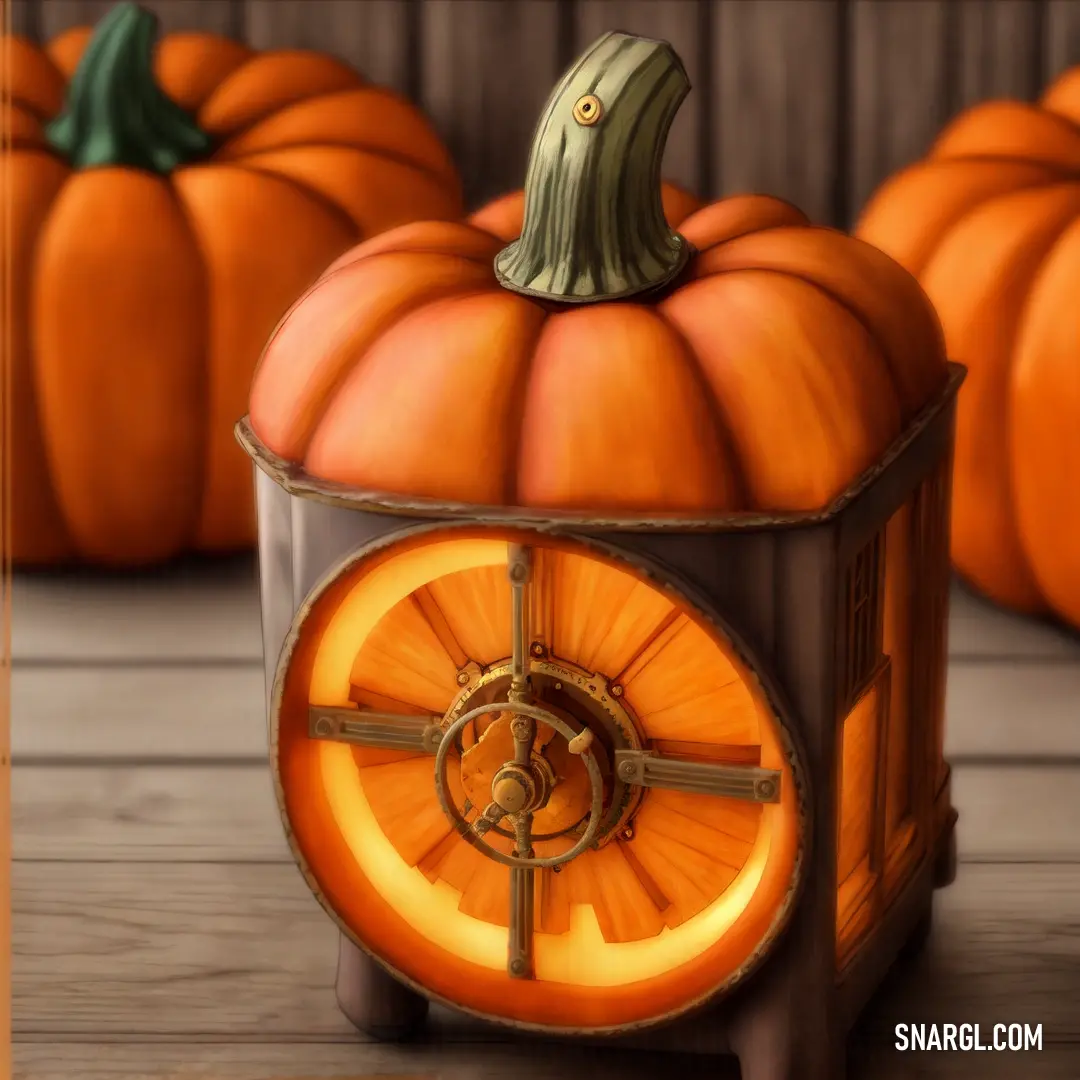 Cinnamon color. Painting of a pumpkin with a clock on it's side