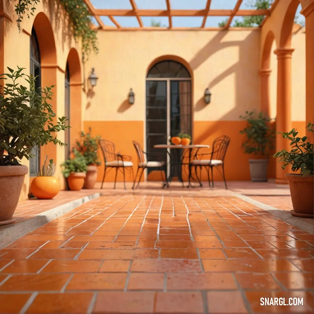 Patio with a table and chairs and potted plants on the side of it. Example of CMYK 0,50,86,18 color.