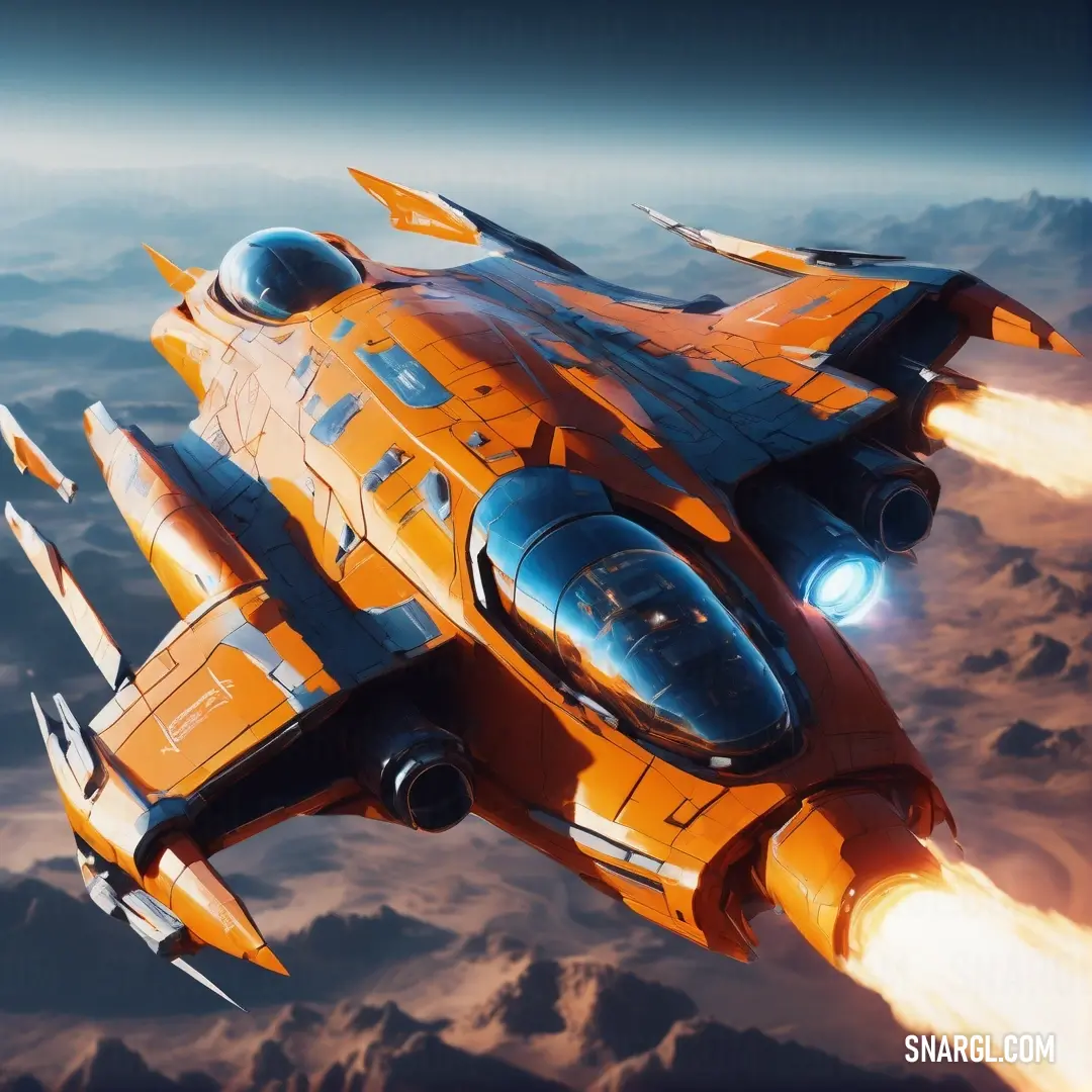 Cinnamon color. Futuristic fighter jet flying through the sky with a rocket in its mouth