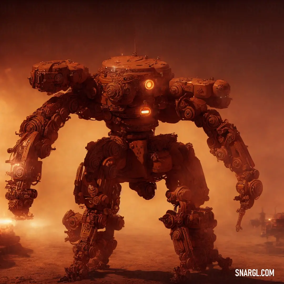 Giant robot standing in the middle of a desert area with a light on its face and a machine behind it