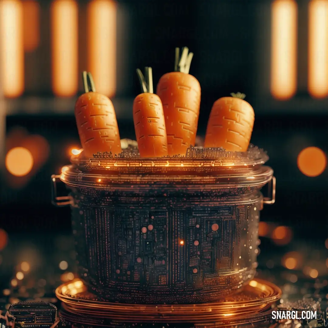 Group of carrots in a pot on a table top with lights in the background and a black table cloth