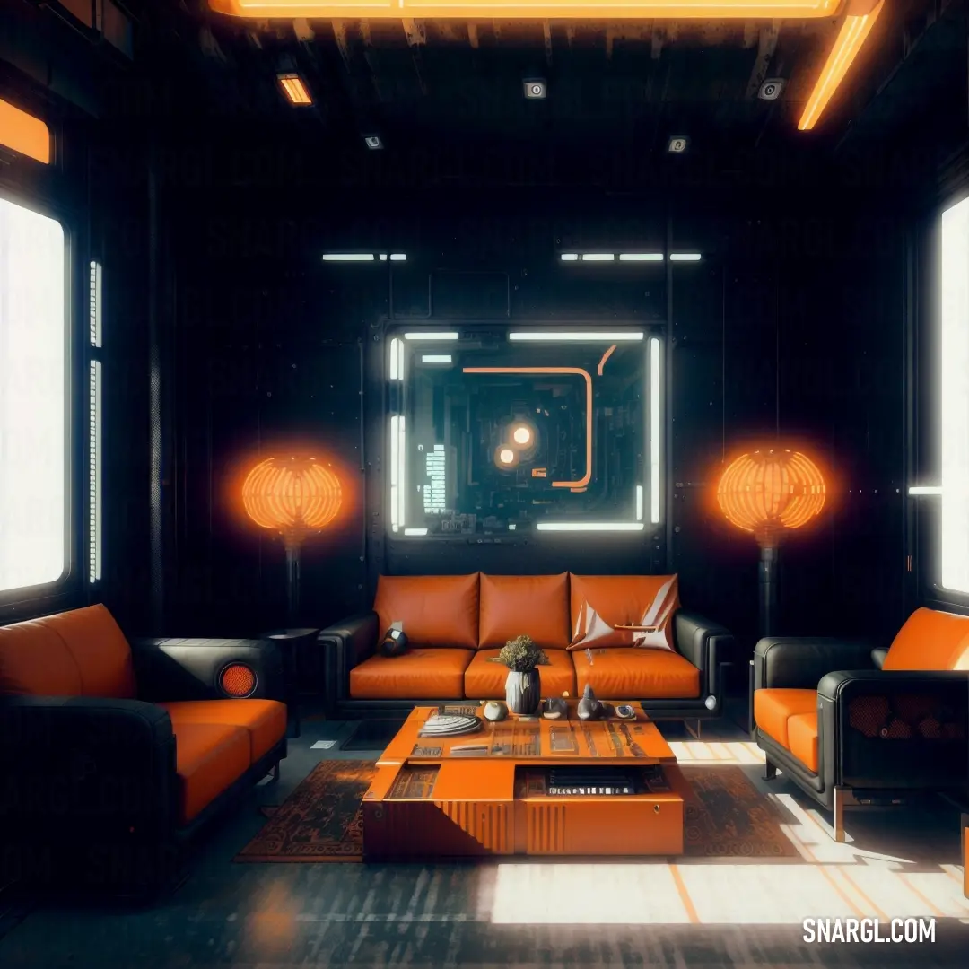 Living room with orange couches and a coffee table in it's center area with two lamps