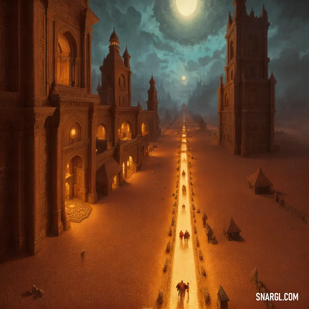 Painting of a city street at night with a full moon in the sky above it and a few people walking down the street