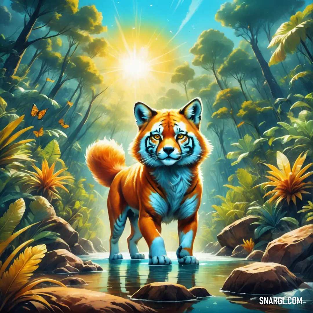 Painting of a tiger standing in a forest with a river and butterflies flying around it. Example of CMYK 0,50,86,18 color.