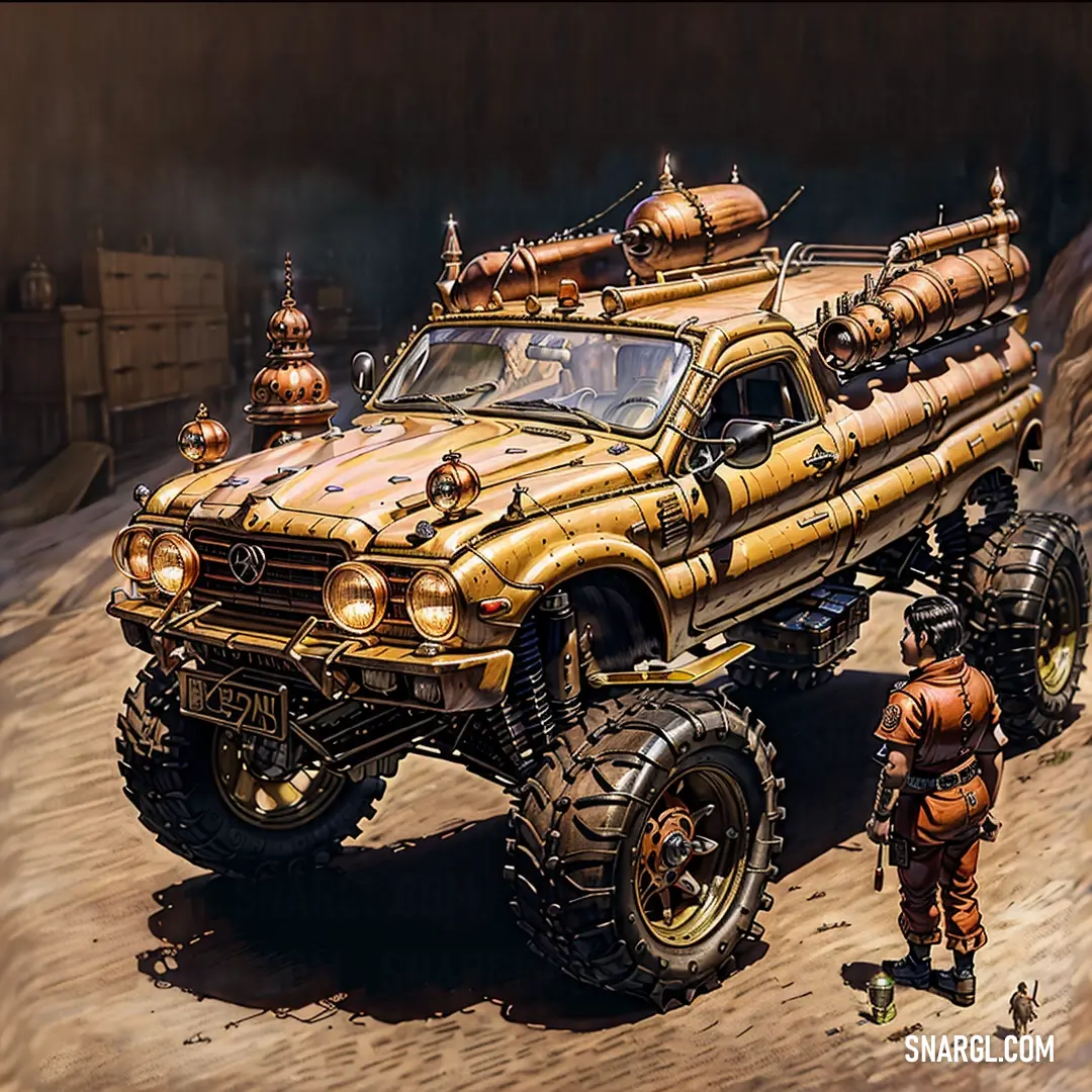 Painting of a truck with a lot of pipes on it's back wheels and a man standing next to it