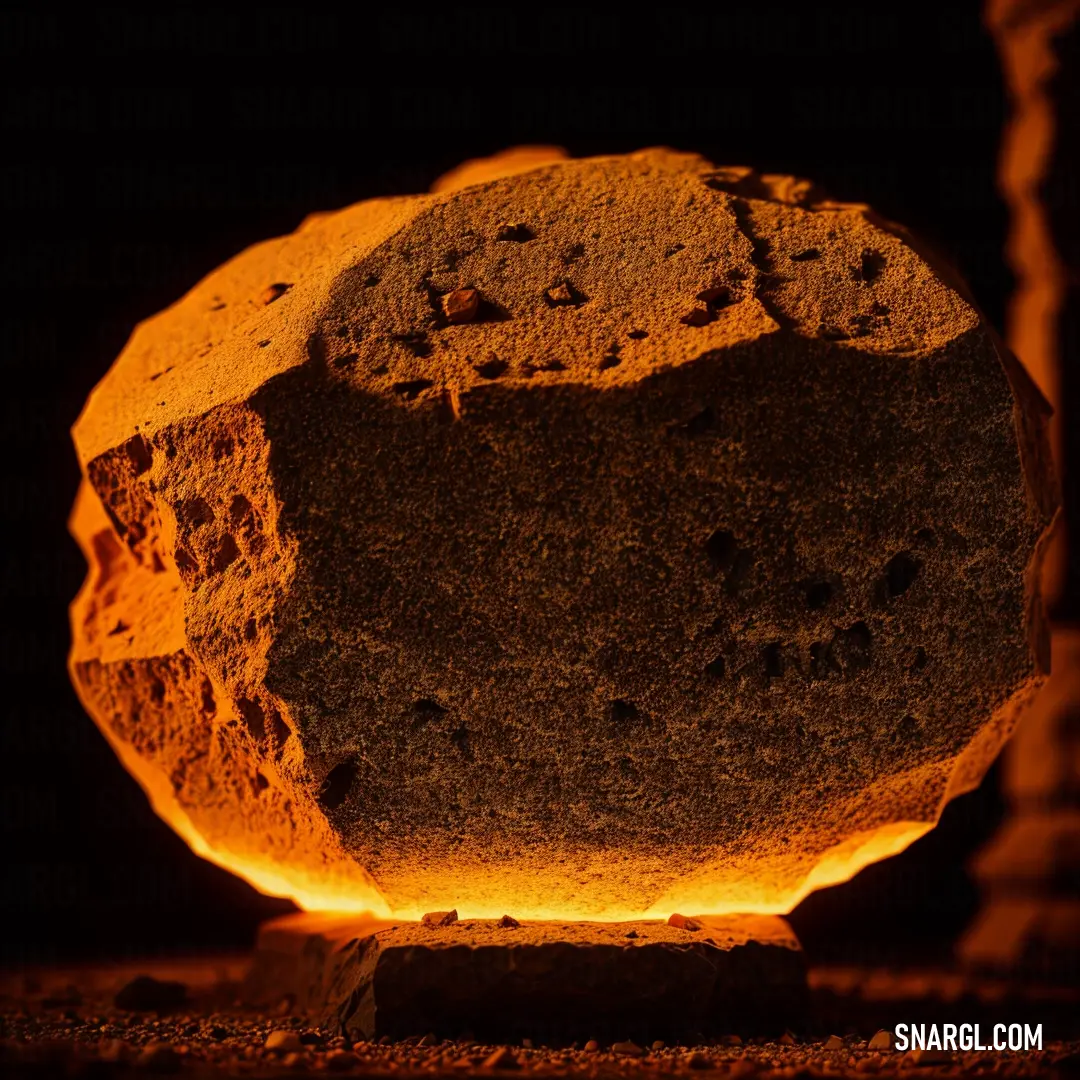 Rock with a glowing light on it's side in a dark room with a black background
