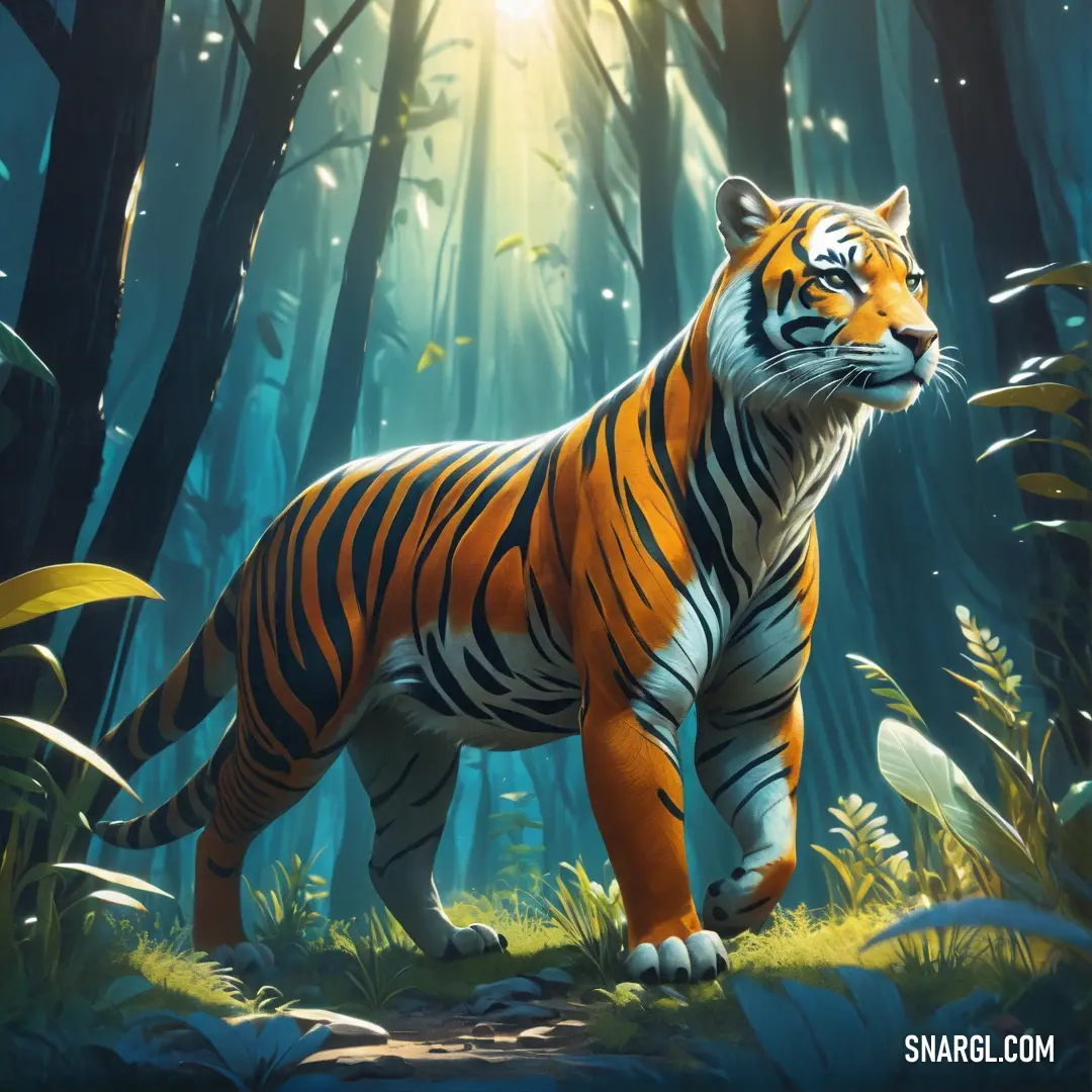 Cinnamon color. Tiger standing in the middle of a forest with sunlight shining through the trees and leaves on the ground