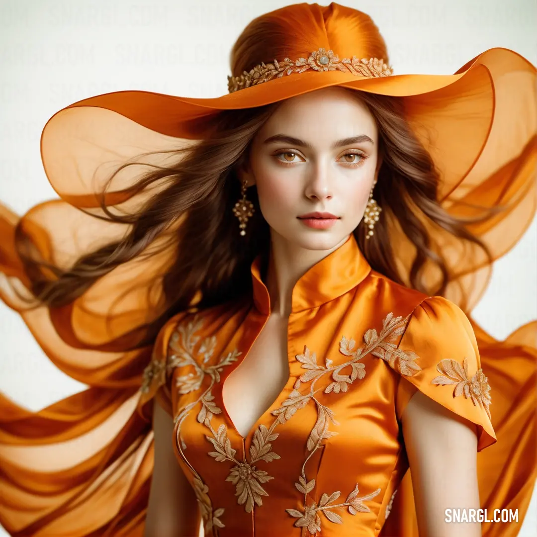 Woman wearing a hat and orange dress with a long flowing hair in the wind. Color #D2691E.
