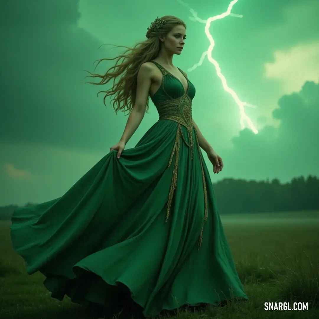 An enchanting sorceress in a striking green dress dominates the scene, exuding magical energy while harmonizing with a backdrop of nature's raw power depicted by a striking lightning bolt. A powerful sorceress draped in a vibrant green dress stands confidently in a lush field, illuminated by the brilliance of a lightning bolt illuminating the sky behind her, merging nature's energy with her own mystical presence.