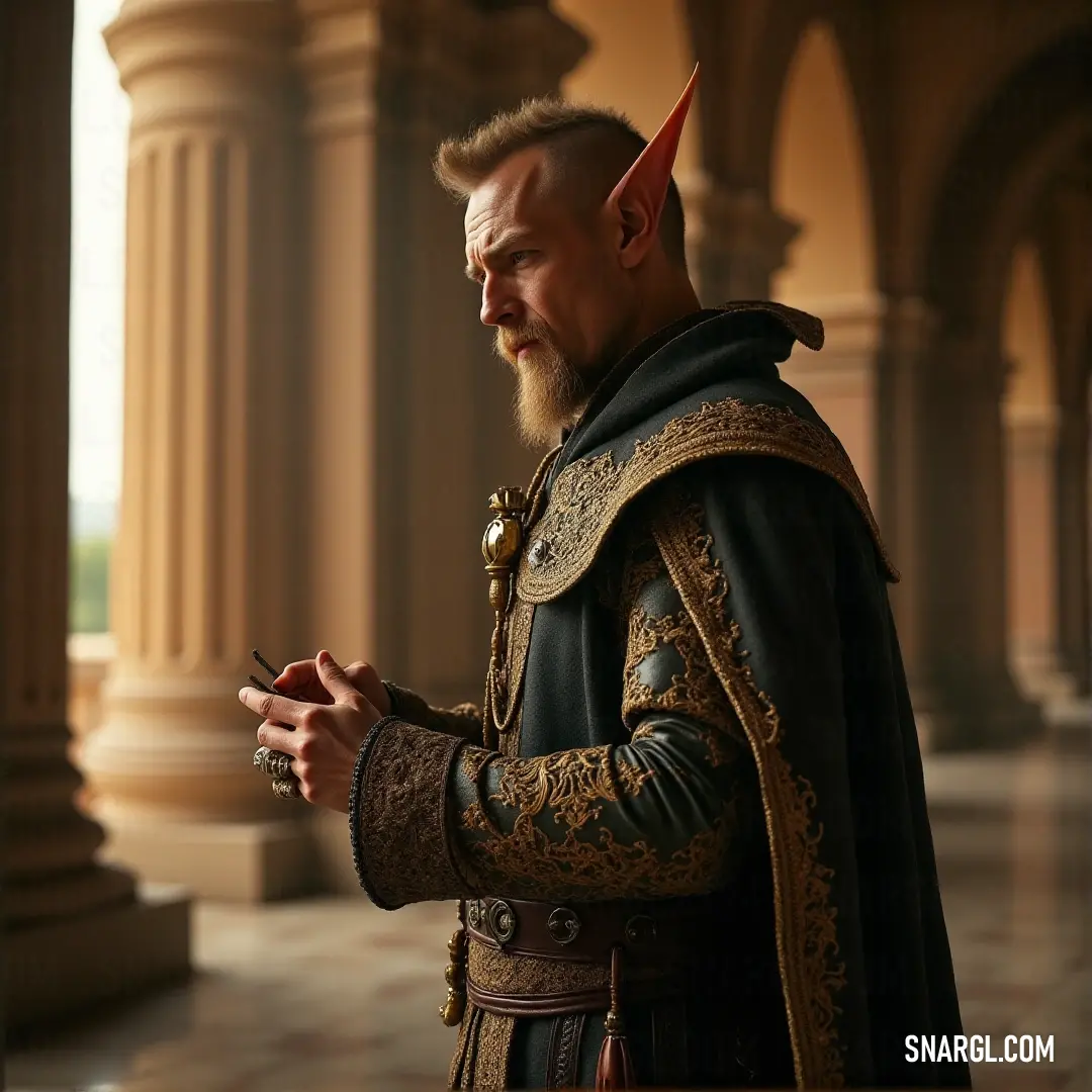 Círdan in a medieval costume smoking a cigarette and looking at his phone in a courtyard of a castle