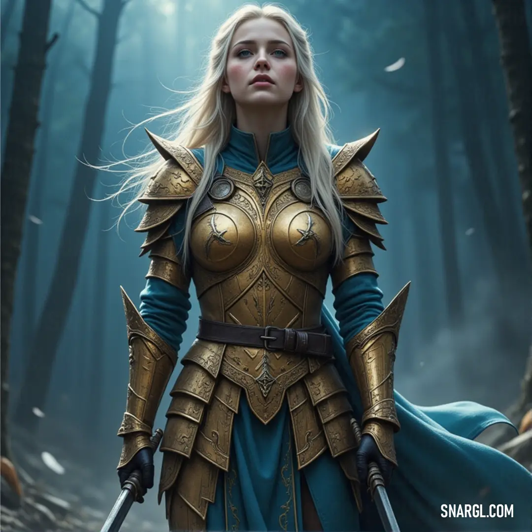 Ciri, in a blue dress and golden armor, stands in a forest with her sword drawn, ready for the challenges that lie ahead. Ciri stands in a lush forest, wearing a striking blue dress and golden armor. She holds her sword with confidence, the surrounding trees casting long shadows as the forest whispers secrets of a great adventure ahead.