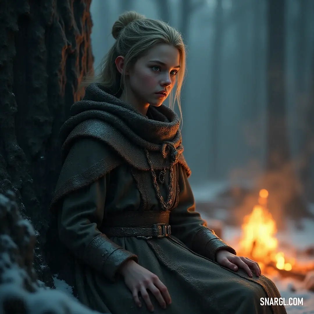 A girl by a fire in a tranquil forest setting. A young girl sits beside a warm crackling fire in a serene forest clearing, her head wrapped in a cozy blanket and a colorful scarf, as the soft flickers of the flames illuminate her serene expression and the tranquil surroundings.