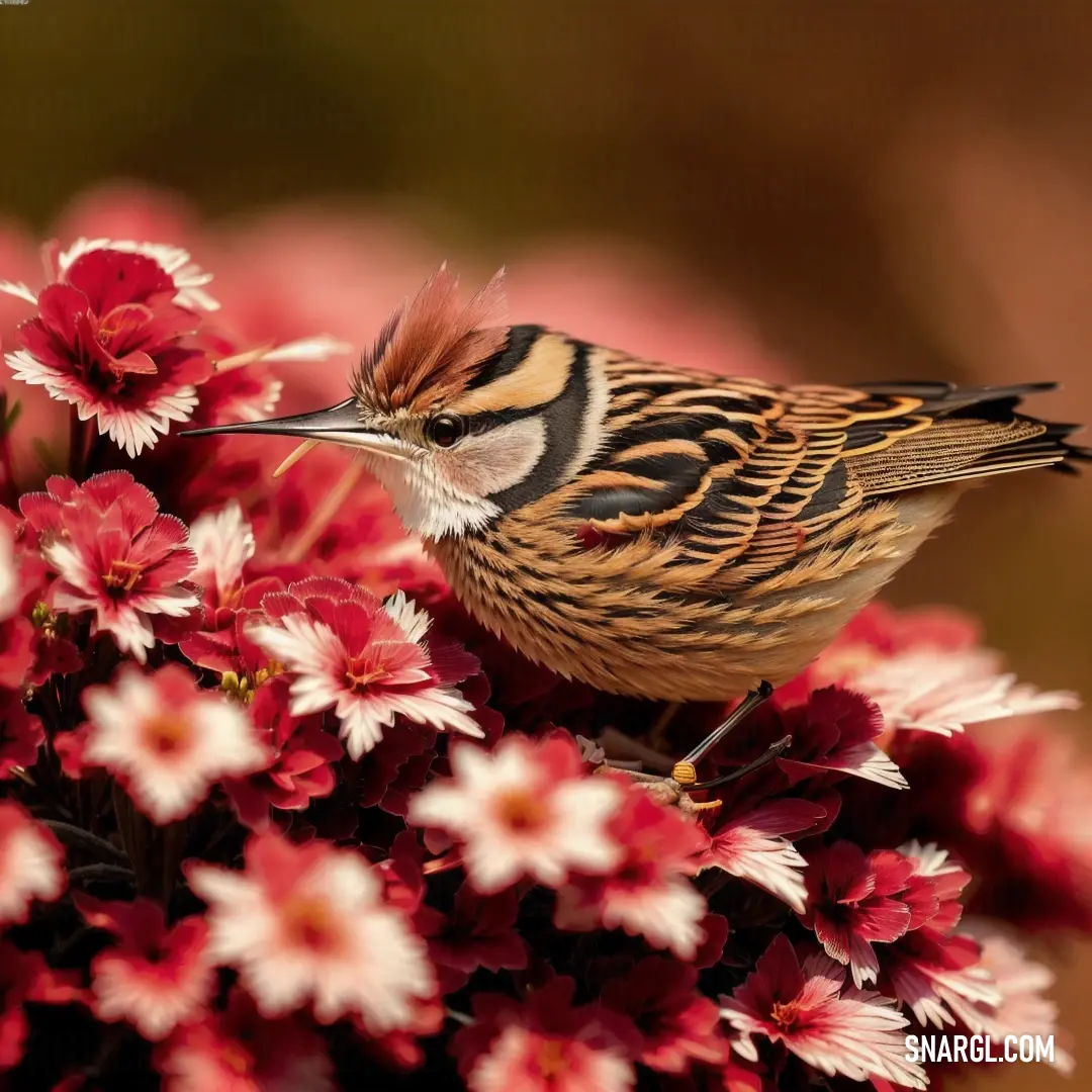 Cisticola is perched on a flower in a garden of red and white flowers with a blurry background