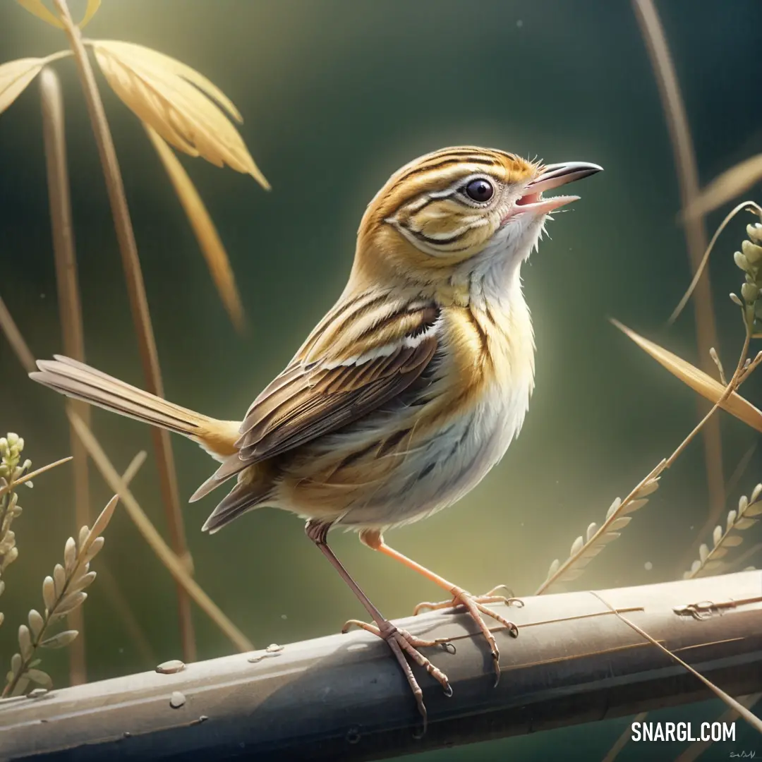 Cisticola on a bamboo stick in a field of grass and flowers with its mouth open and eyes closed