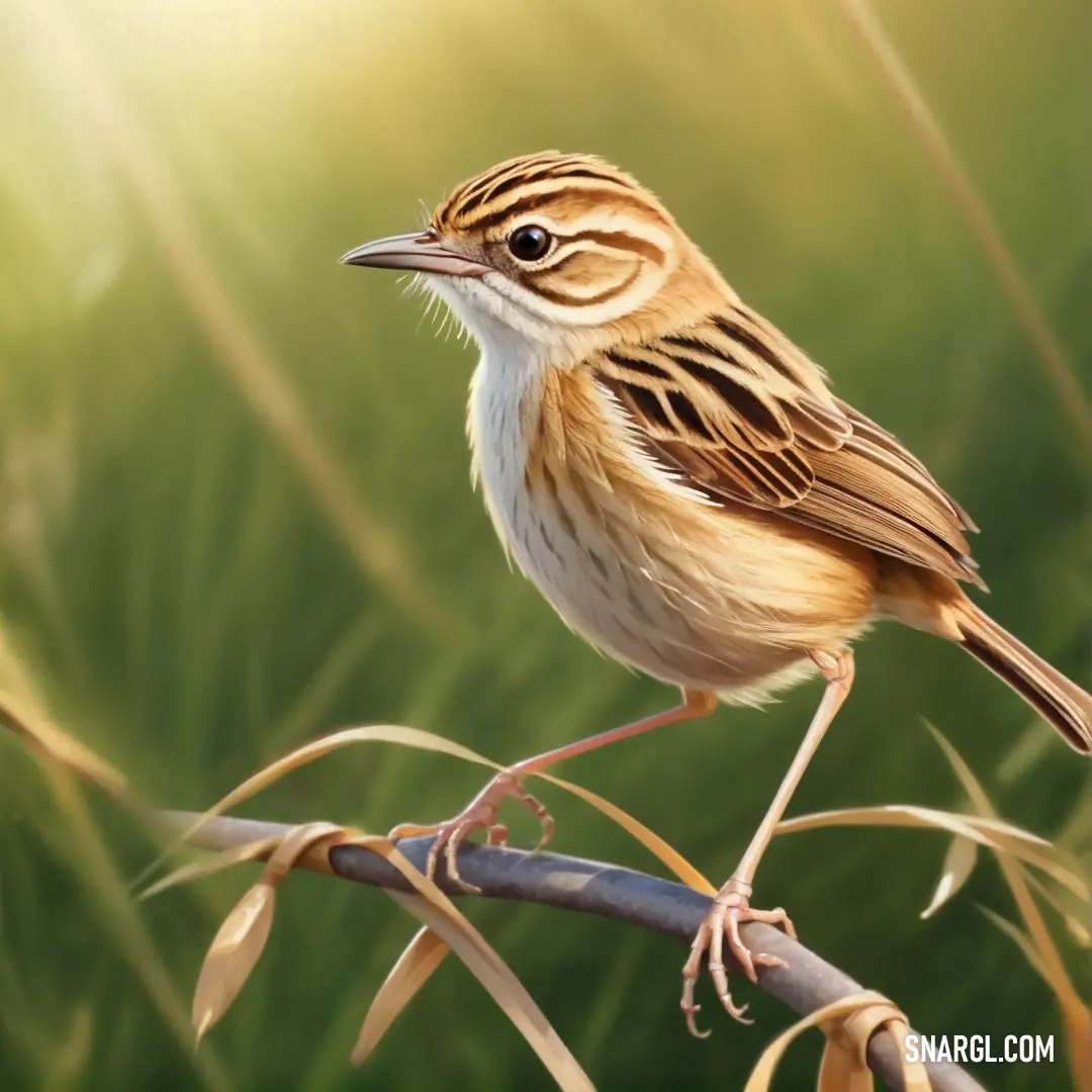 Cisticola on a branch in a field of grass and grass behind it is a green background