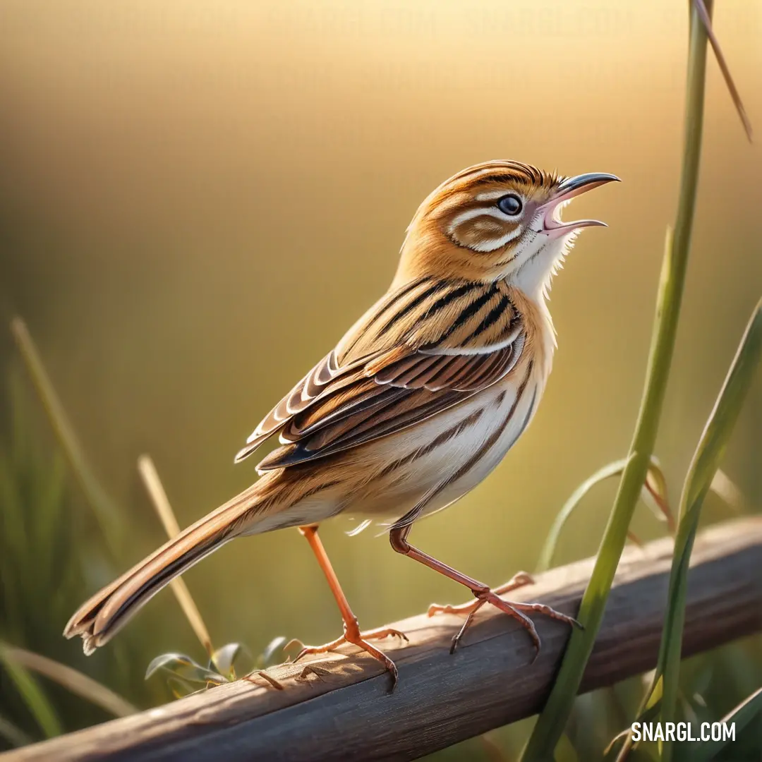 Cisticola on a wooden stick in the grass with its beak open and eyes closed, with a blurred background