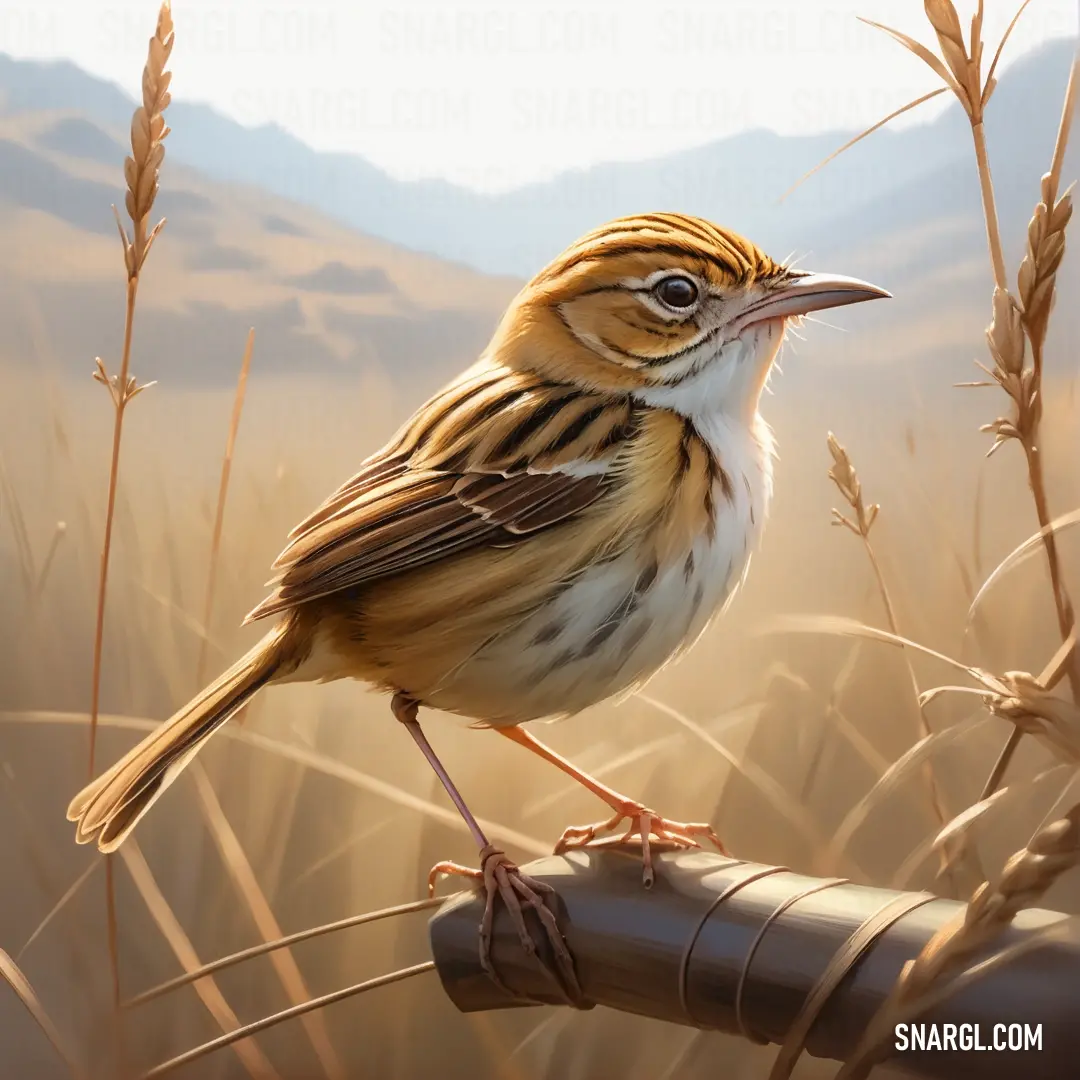 Cisticola perched on a metal pole in a field of wheat with mountains in the background