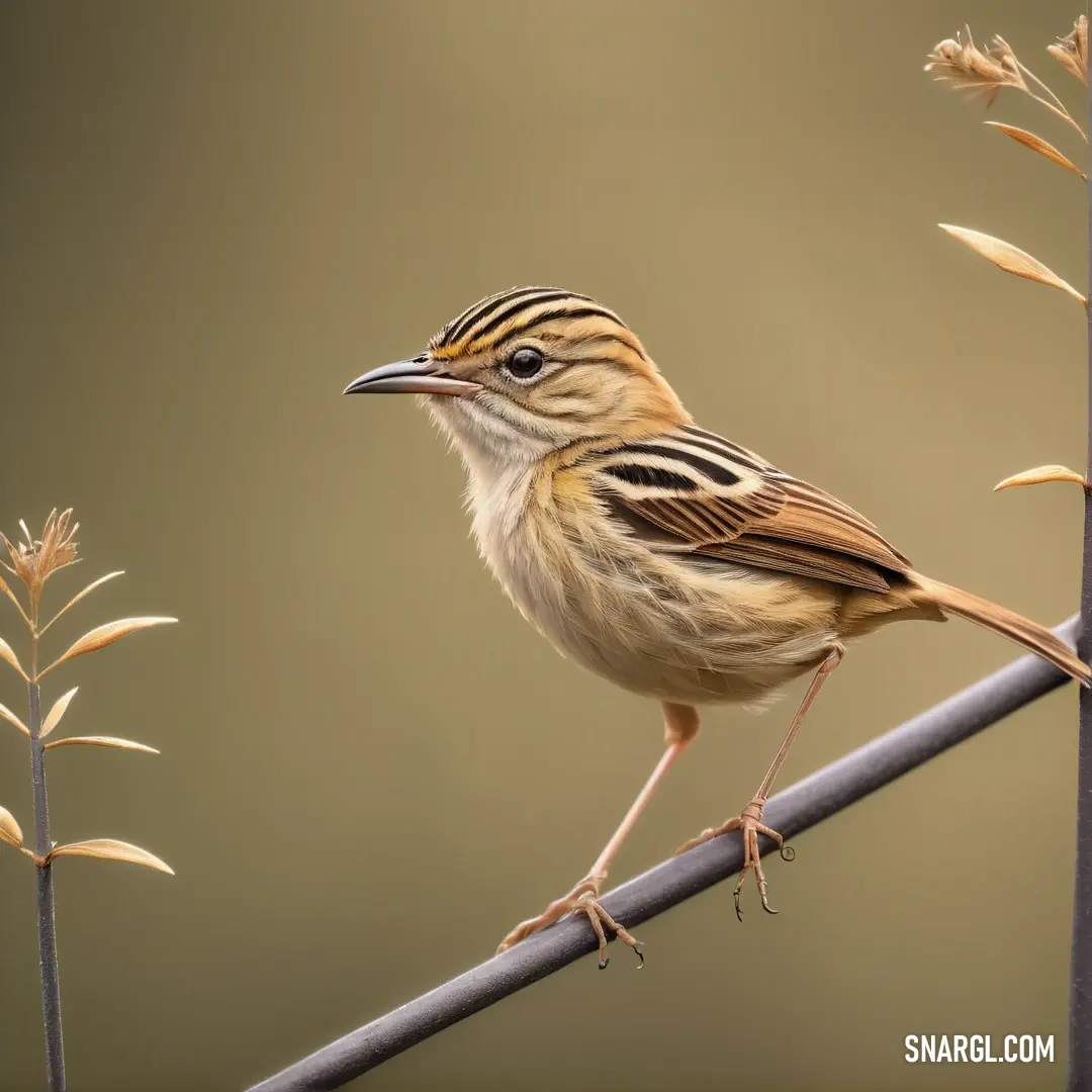 Cisticola perched on a thin branch with a brown background