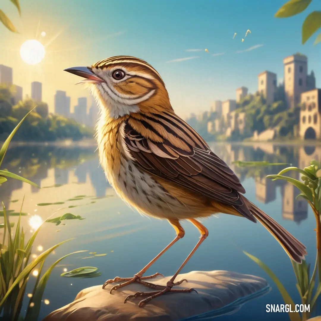 Cisticola standing on a rock in the water with a city in the background