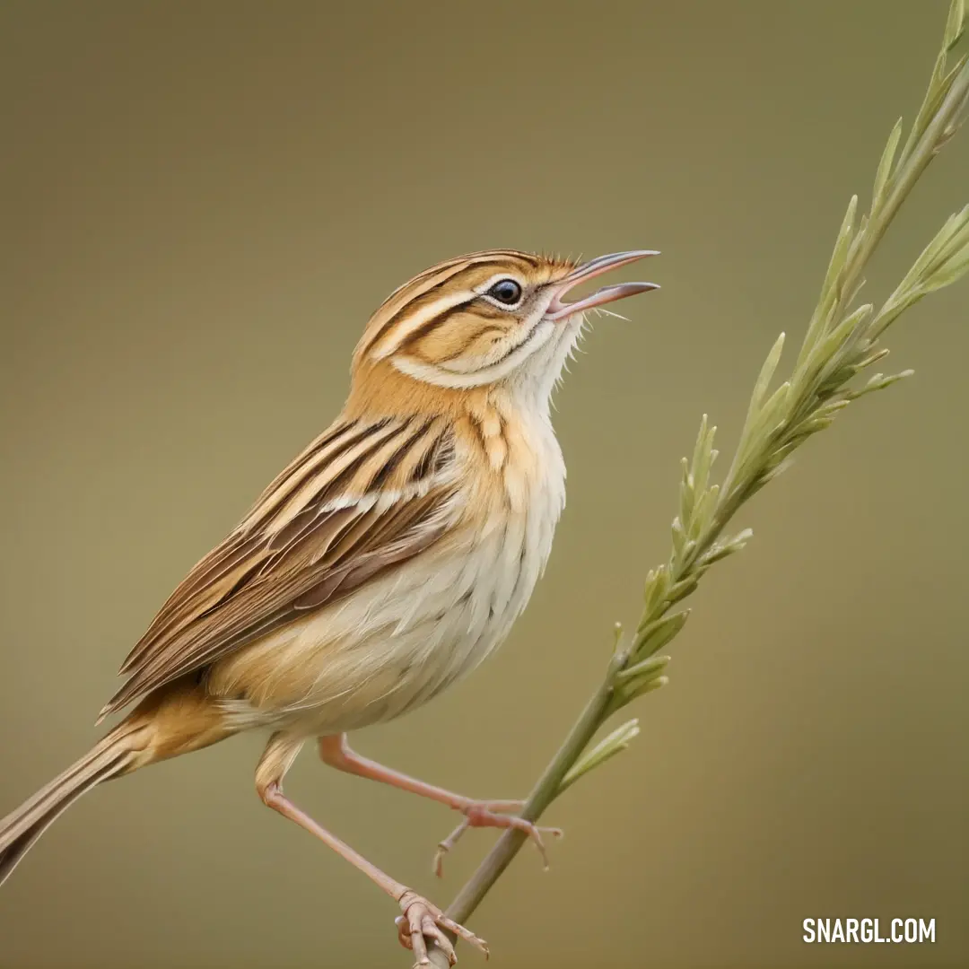 Cisticola with its mouth open on a branch with a plant in the background